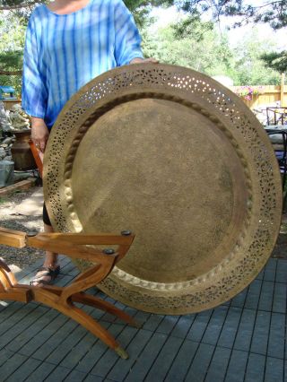Huge Antique Brass Pierced Table With Teak Spider Legs Free Shippng Usa & Canada photo