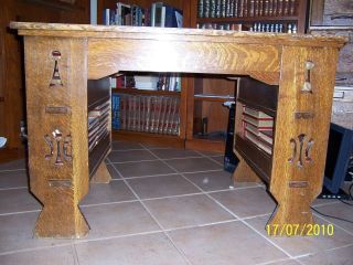 Antique Arts Crafts Mission Solid Tiger Oak Desk With Bookcase Shelves & Cutouts photo