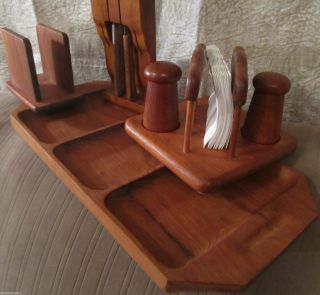 Mid - Century Modern Teak Wood Serving Tray Napkin Holder Salt Pepper Knife Holder photo