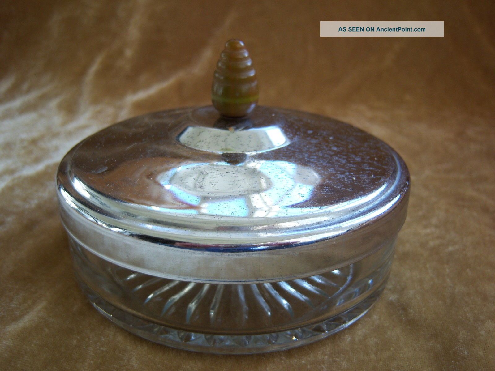 Art Deco Chrome Lidded Pressed Glass Candy Powder Dish Beehive Bakelite Handle Art Deco photo
