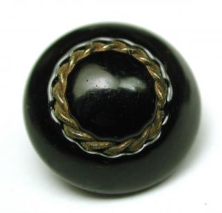 Antique Charmstring Glass Button Brass Ring Ome On Black Dome W/ Swirl Back photo
