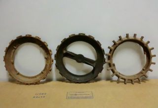 Antique Vintage Of 3 Cast Iron Jd Planter Seed Plates Gears Old Farm Tool photo