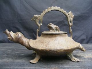 Antique Kettle Four Legged Turtle Brass Heirloom Asia Pot Teakettle Old Steamer photo