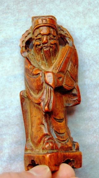 Small Antique Chinese Box Wood Carving Fortune God With Great Petina photo