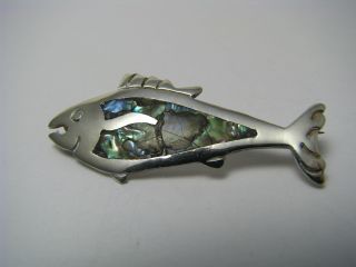 A Taxco Artisan Sterling Silver Fish Pin Brooch Abalone Shell Mexico Ca1950s photo