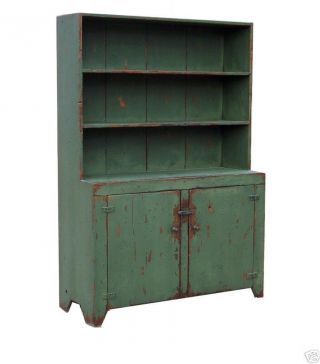 Country Primitive Painted Step Back China Cabinet Hutch Reproduction Furniture photo