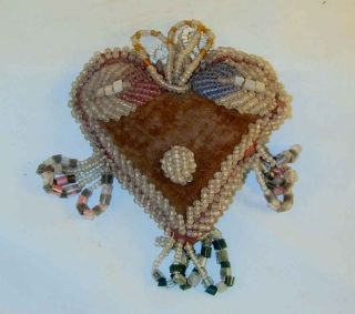 Antique Victorian Stuffed Cloth Seed Beads Decorated Heart Shaped Pincushion photo