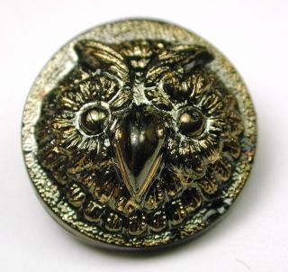 Antique Black Glass Button W/ Carnival Luster Owl Face Design photo