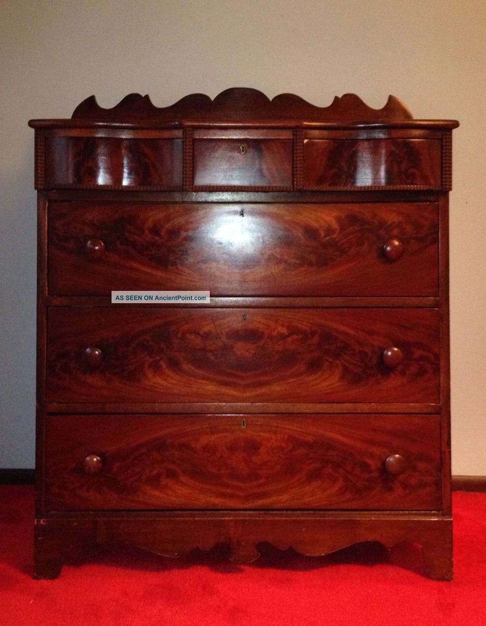 Antique American Empire Flame Mahogany Dresser C.  1850s Xlnt 6 Drawers 1800-1899 photo