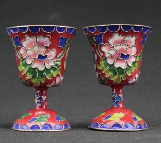 Collectibles Vintage Handwork Cloisonne Carving Flower Pair Wineglass Cups photo