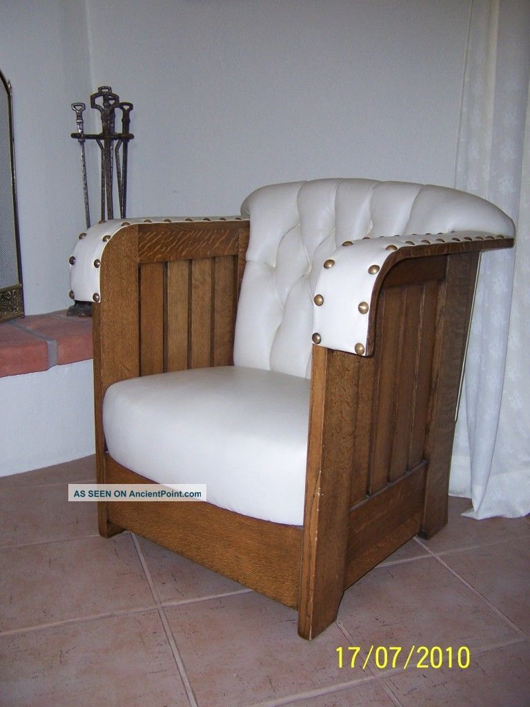 Antique Arts & Crafts Solid Oak Mission Karpen Upholstered Chair 1900-1950 photo