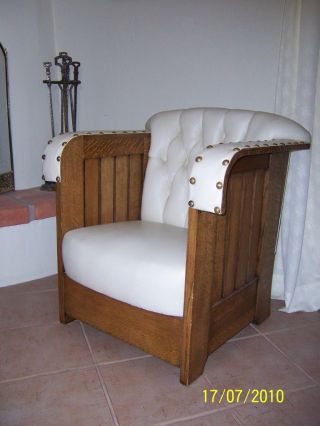 Antique Arts & Crafts Solid Oak Mission Karpen Upholstered Chair photo