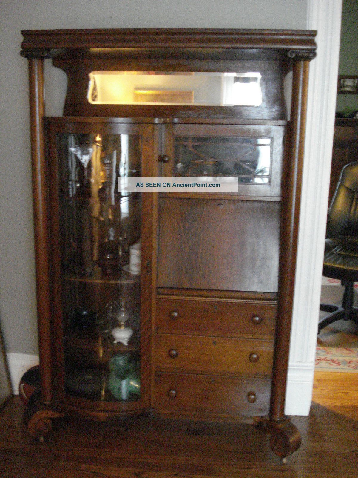 Antique Oak Curved China Cabinet With Secretary In Finish & Glass 1900-1950 photo