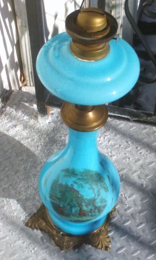 Antique French Blue Opaline Scenery Banquet Oil Lamp photo