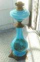 Antique French Blue Opaline Scenery Banquet Oil Lamp Lamps photo 5