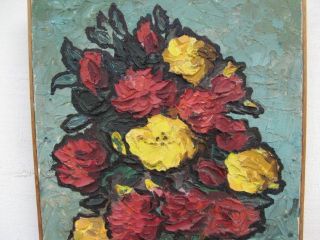 Impasto Flowers In Vase Palette Knife Oil Painting Signed Mid Century Modern Vtg photo