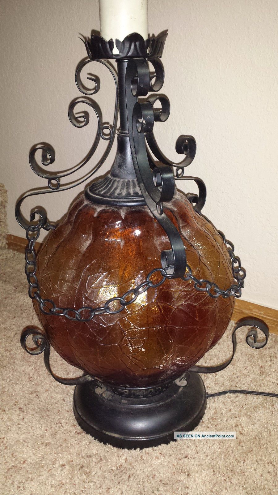 Vintage Mid Century Iron Amber Glass Lamp Light Gothic Underwriters Laboratories