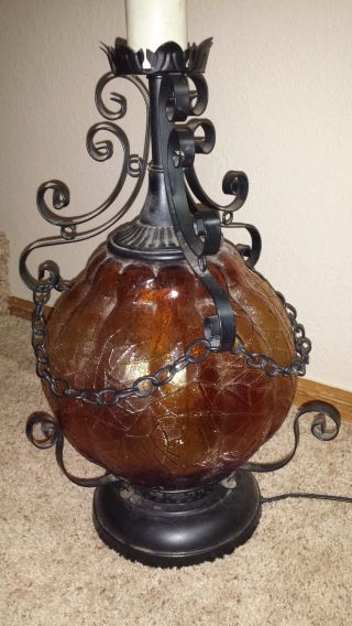 Vintage Mid Century Iron Amber Glass Lamp Light Gothic Underwriters Laboratories photo