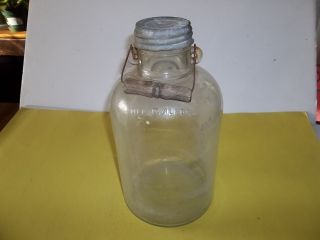 Antique Vinegar Glass Jug Gallon With Wired Wood Handle photo