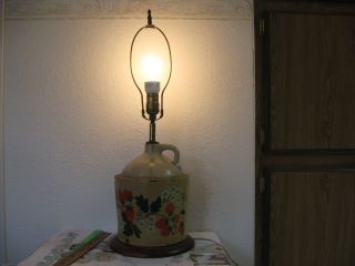 Vintage Whiskey Ceramic Jug Bulb Lamp Folk Art Hand Painted Wild Strawberry photo