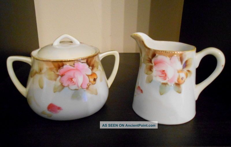 1890s - 3 Inch Nippon Green Crown Gold N Roses Creamer & Sugar Bowl W/lid Creamers & Sugar Bowls photo