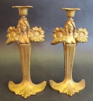 Antique Art Nouveau Gilt Metal Candle Holders C.  1900 Candlesticks photo