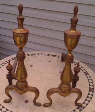 Cast Iron & Brass Rostand N Victorian Urn Top Andirons Fire - Dogs Fireplace Set photo