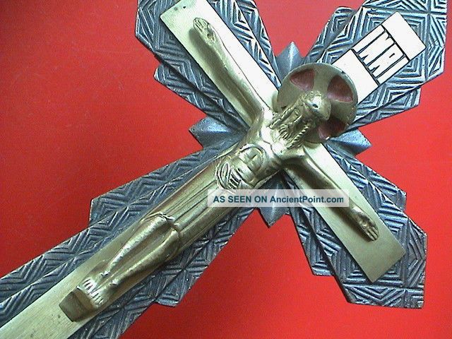 Art - Deco Bronze Wall - Crucifix,  Ca.  1930 Ad.  Geometric Design Metalware photo