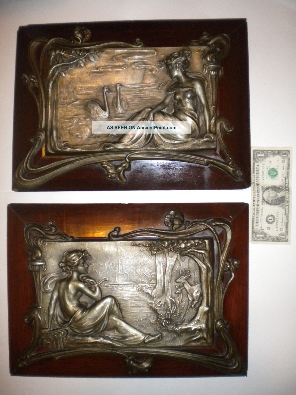 19th C.  Quality Art Nouveau Pewter Plaques Secured To Wood Frames Dawn & Dusk Metalware photo