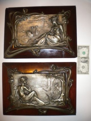 19th C.  Quality Art Nouveau Pewter Plaques Secured To Wood Frames Dawn & Dusk photo