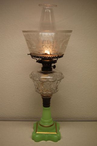 Antique Sandwich Glass Oil Old Parlor Kerosene Apple Green Eapg American Lamp photo