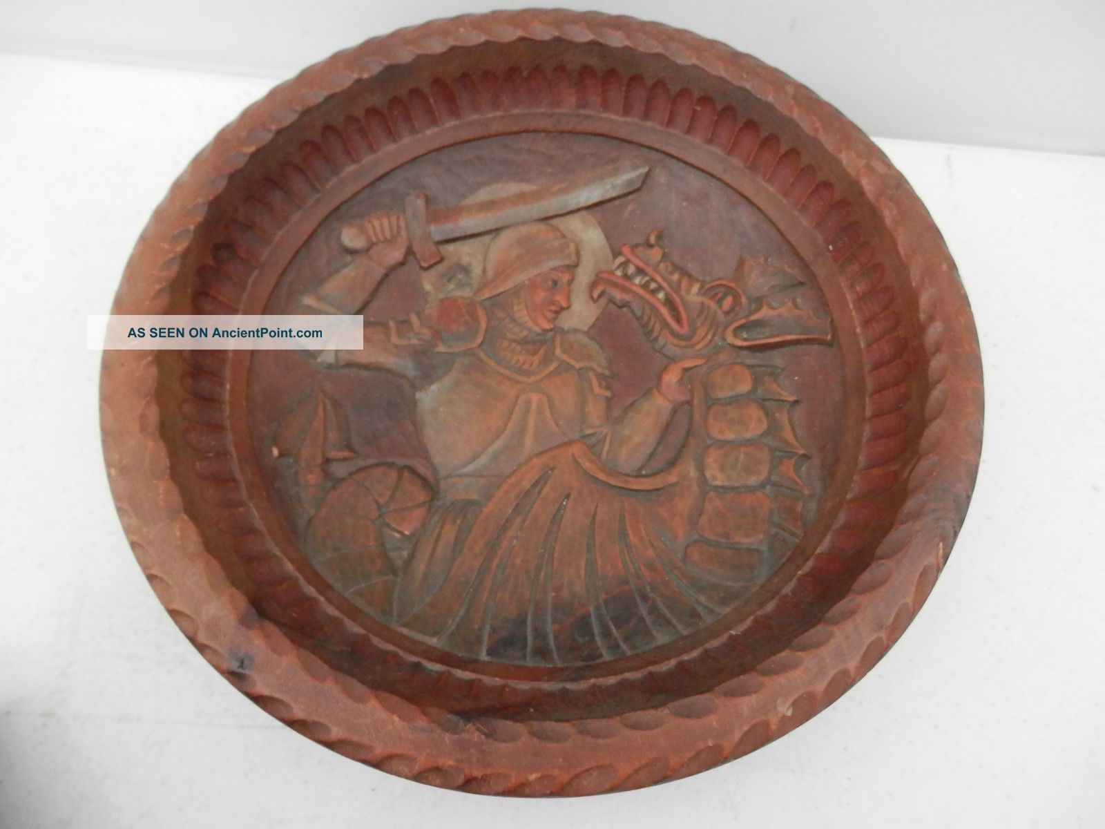 Fine Medieval Austrian Tiroler Innusbruck Carved Dragon Knight Amor Wooden Bowl Bowls photo