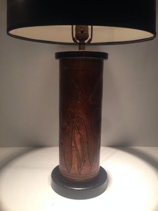 Antique Vtg Signed American Arts & Crafts Copper Repousse Sheaf Wheat Table Lamp photo
