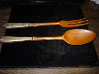 Rlb,  Rogers Lunt Bowlen Wooden With Sterling Silver Handle Fork And Spoon Set photo