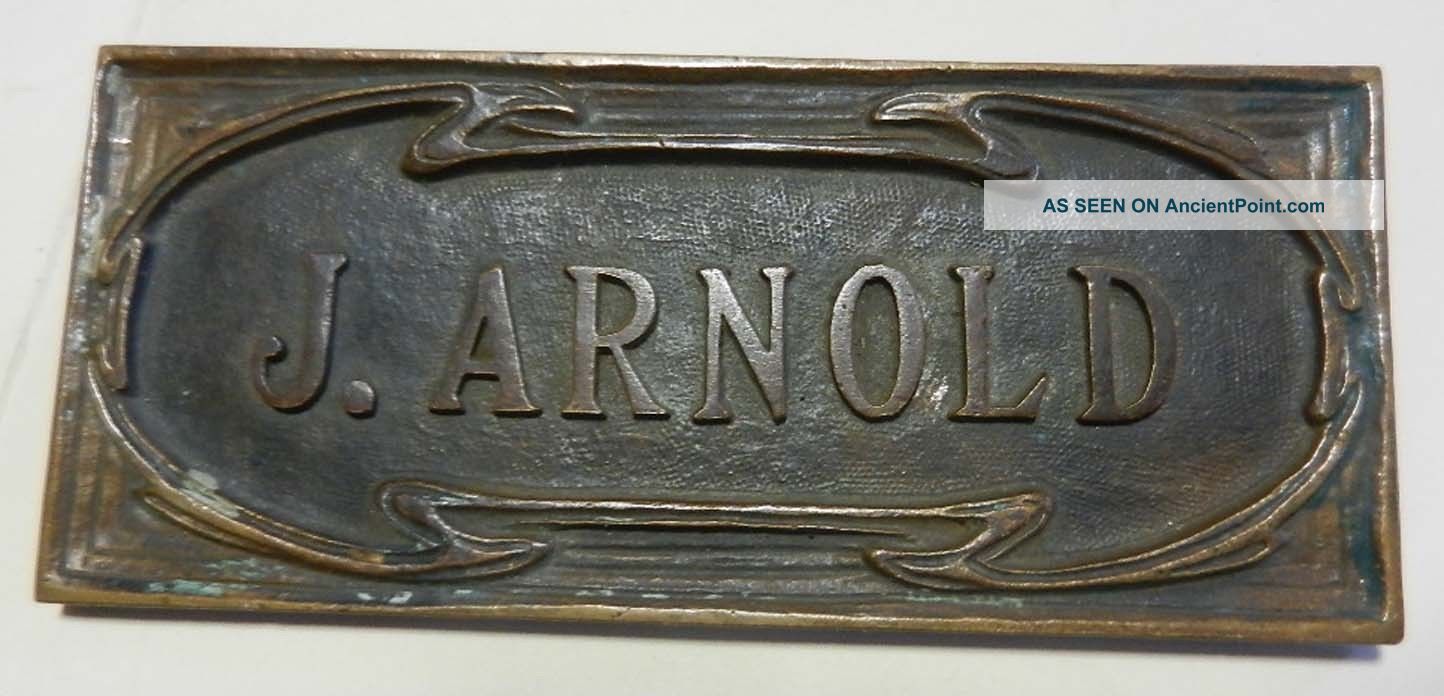 Antique Cast Bronze Nameplate Sign J.  Arnold 2 X 4 1/2 - Great Patina Primitives photo