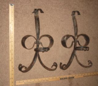 2 Vtg Antique Gothic Medieval Wrought Cast Iron Candle Wall Holder Sconces Pair photo