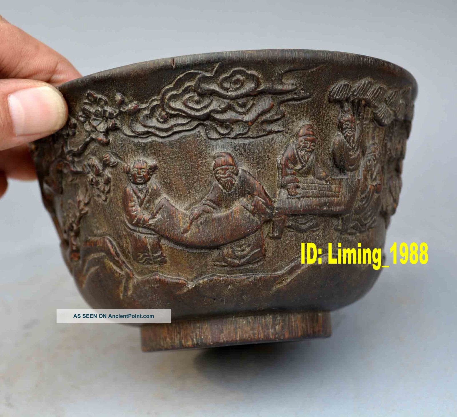 Bamboo Carving Wood Chinese Old Figure Scholar Statue Bowl Antique Pine Tree Bowls photo