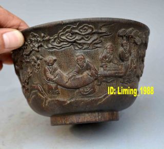 Bamboo Carving Wood Chinese Old Figure Scholar Statue Bowl Antique Pine Tree photo