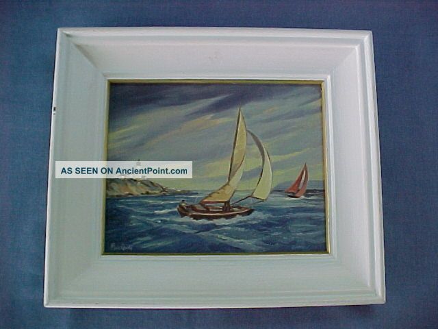 Maccourt Montauk? Nantucket? Red Stripe Lighthouse Ocean Sailboats Oil Painting Folk Art photo