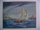 Maccourt Montauk? Nantucket? Red Stripe Lighthouse Ocean Sailboats Oil Painting Folk Art photo 1
