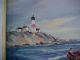 Maccourt Montauk? Nantucket? Red Stripe Lighthouse Ocean Sailboats Oil Painting Folk Art photo 2