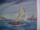 Maccourt Montauk? Nantucket? Red Stripe Lighthouse Ocean Sailboats Oil Painting Folk Art photo 3