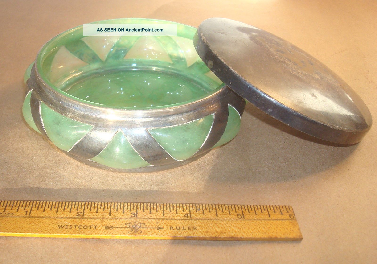 Antique Art Nouveau Silver - Plate & Green Art Glass Dresser Jar,  Brevete Sgdg Metalware photo