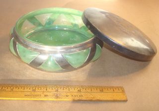 Antique Art Nouveau Silver - Plate & Green Art Glass Dresser Jar,  Brevete Sgdg photo