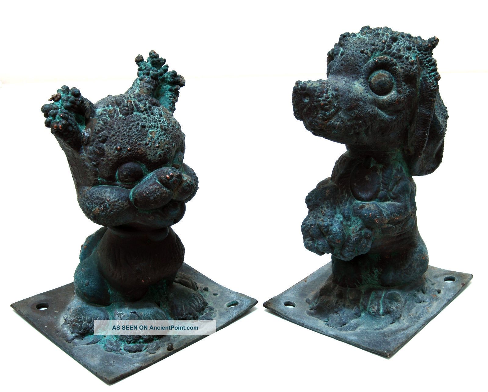 Antique Copper Fountain Heads Shaped Like Dogs Animal Patina Old Decorative Rare Metalware photo