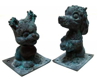 Antique Copper Fountain Heads Shaped Like Dogs Animal Patina Old Decorative Rare photo