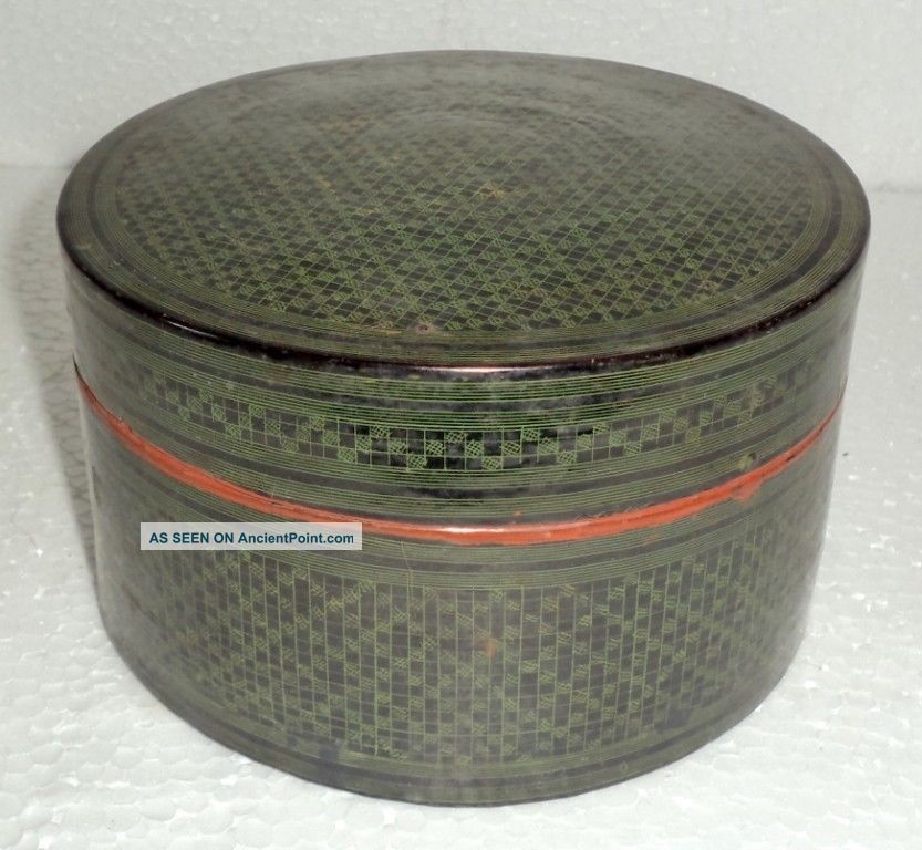 Vintage Rare Wooden Hand Crafted Barma Green Lacquer Painted Box Boxes photo