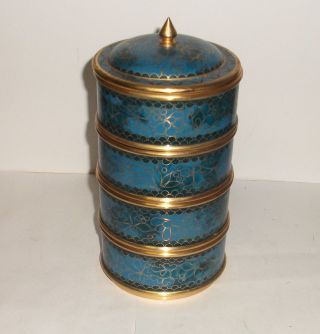 Rare Blue Cloisonne Enamel Stackable Canister Jar Box photo