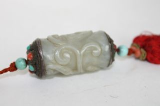 Antique Chinese Tibetan Silver Celadon Nephrite Jade Red Coral Turquois Tassle photo