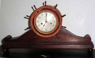 Antique Waterbury Brass Ships Wheel Jeweled Ships Clock W/ Footed Stand N/r photo